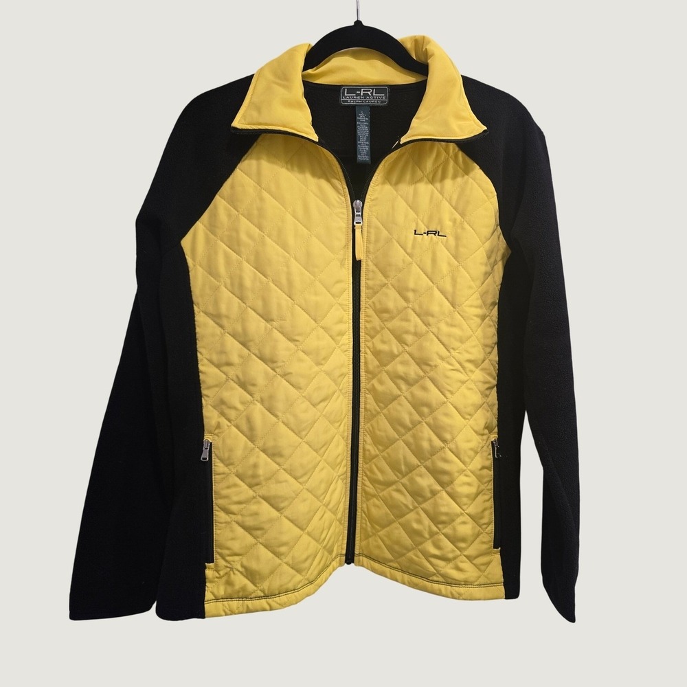 Ralph Lauren L-RL Lauren Active Womens L Yellow Black Quilted Fleece Jacket Y2K